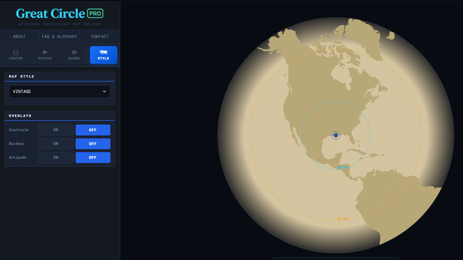 Great Circle Pro azimuthal equidistant map projection centered on a hub airport showing true great circle distances