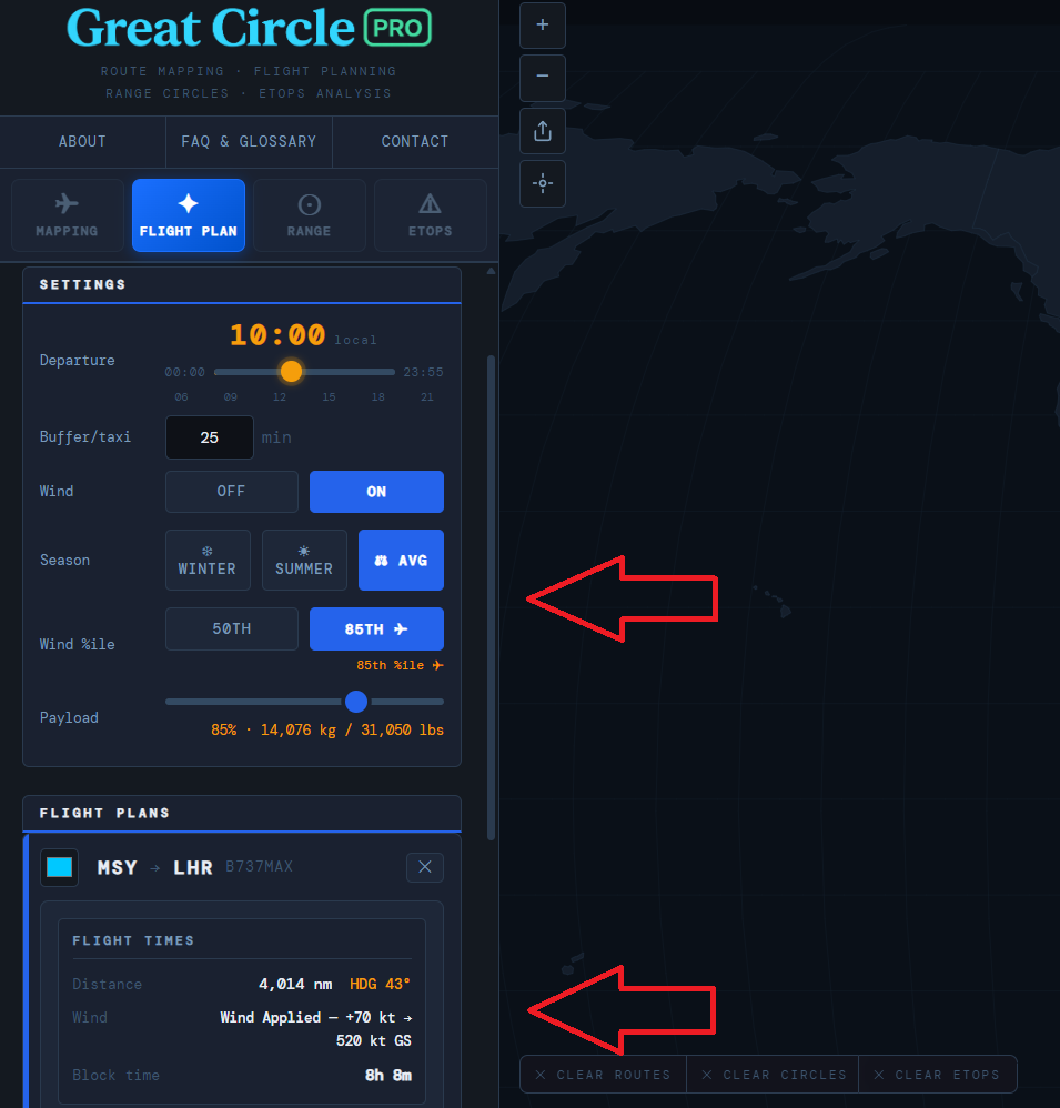 Great Circle Pro fan and spoke route mapping showing multi-destination routes from a hub airport